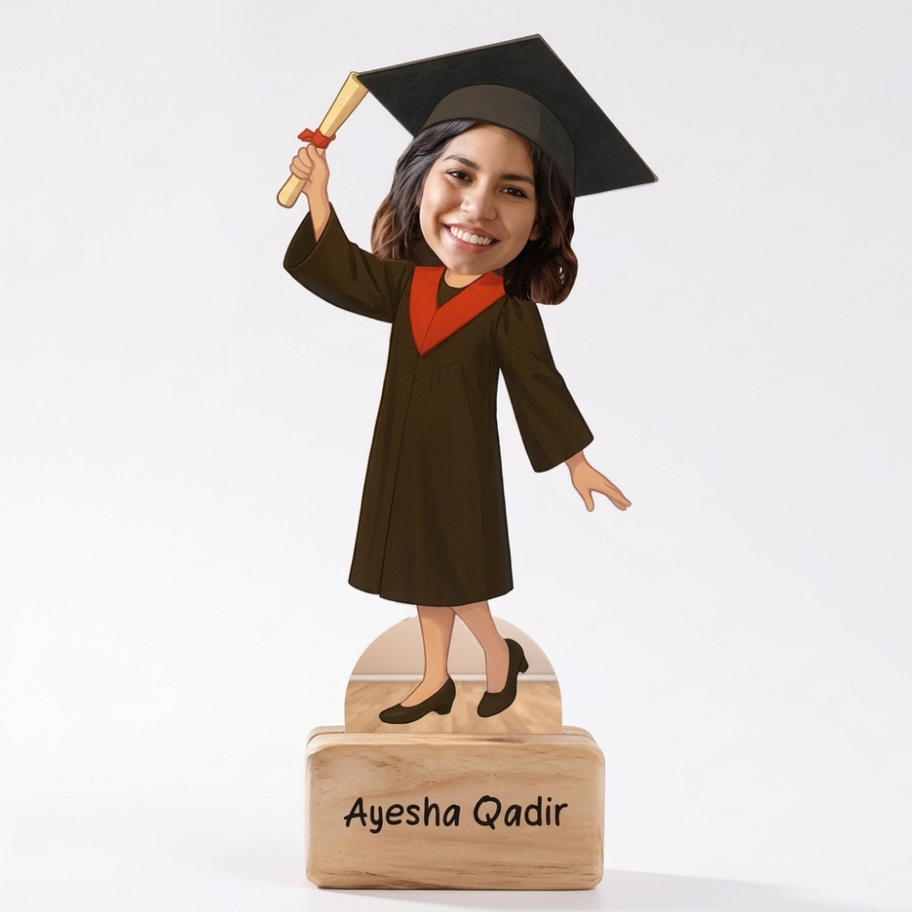 Bazinco Graduation Girl Personalized Caricature Standee with Wooden Base | Custom Graduation Photo Figurine | Personalized Graduation Gift for Her | Graduation Ceremony Keepsake