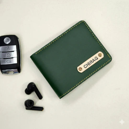 Bazinco Personalized Green Leather Wallet for Men with Custom Name Plate | Premium Bi Fold RFID Wallet for Gents