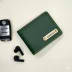 Bazinco Personalized Green Leather Wallet for Men with Custom Name Plate | Premium Bi Fold RFID Wallet for Gents