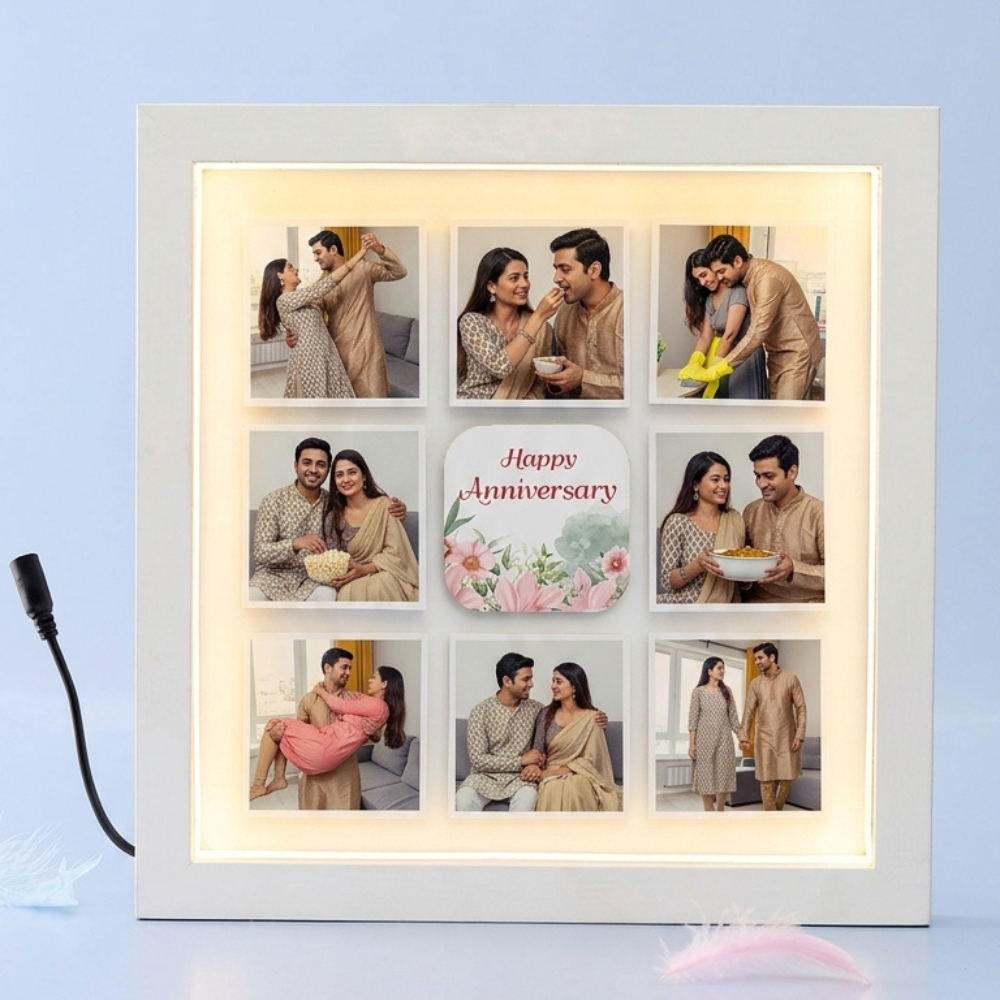 Bazinco Happy Anniversary LED Photo Frame – Personalized 9 Photo Couple Collage Gift