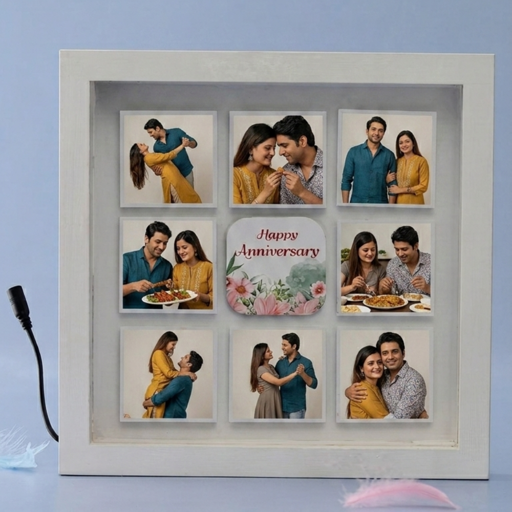 Bazinco Happy Anniversary LED Photo Frame – Personalized 9 Photo Couple Collage Gift