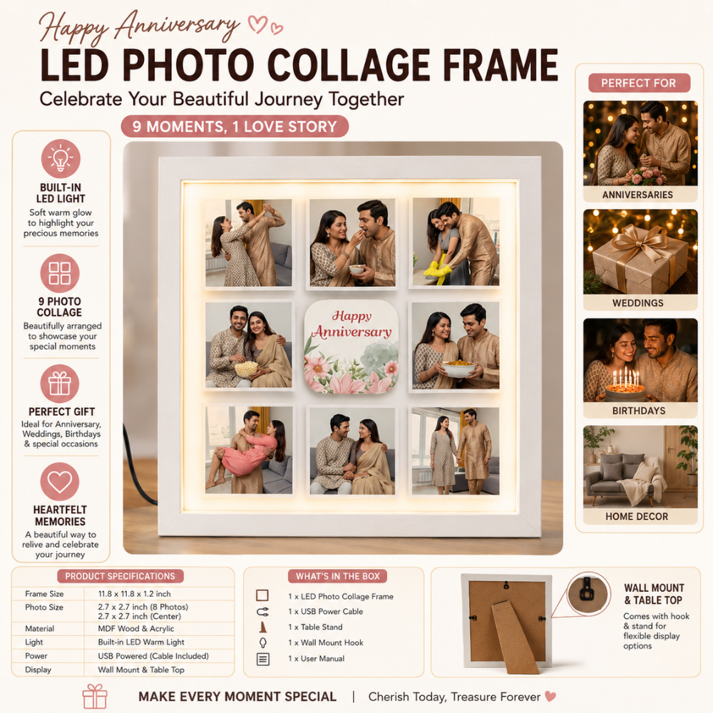Bazinco Happy Anniversary LED Photo Frame – Personalized 9 Photo Couple Collage Gift