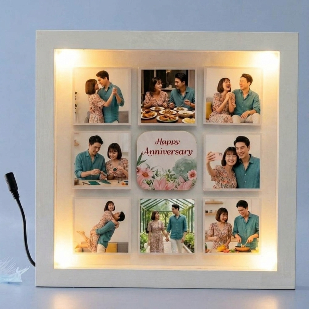 Bazinco Happy Anniversary LED Photo Frame – Personalized 9 Photo Couple Collage Gift