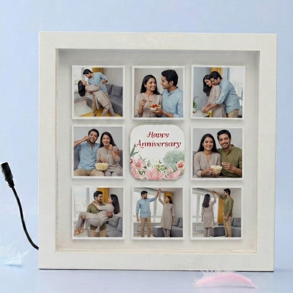 Bazinco Happy Anniversary LED Photo Frame – Personalized 9 Photo Couple Collage Gift