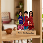 Bazinco Happy Rakshabandhan Sibling Personalized Caricature Standee | Custom Brother & Sisters Photo Stand | Personalized Rakhi Gift with Wooden Base