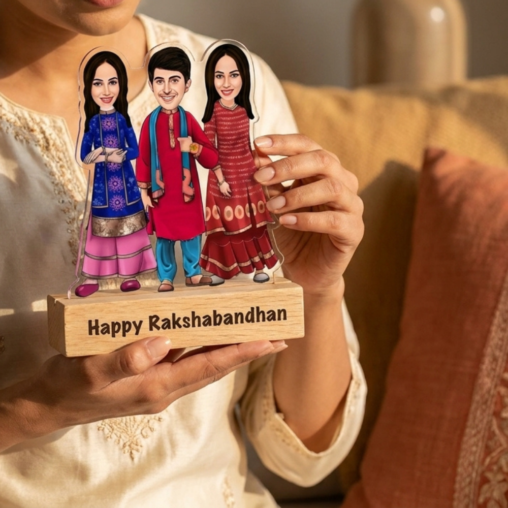 Bazinco Happy Rakshabandhan Sibling Personalized Caricature Standee | Custom Brother & Sisters Photo Stand | Personalized Rakhi Gift with Wooden Base