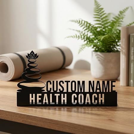 Bazinco Personalized Health Coach Name Plate with Zen Stones – Custom Stainless Steel Desk Sign