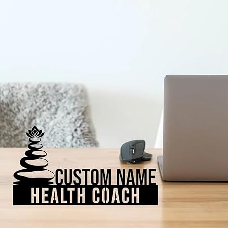 Bazinco Personalized Health Coach Name Plate with Zen Stones – Custom Stainless Steel Desk Sign
