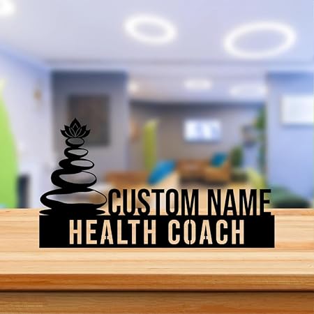 Bazinco Personalized Health Coach Name Plate with Zen Stones – Custom Stainless Steel Desk Sign