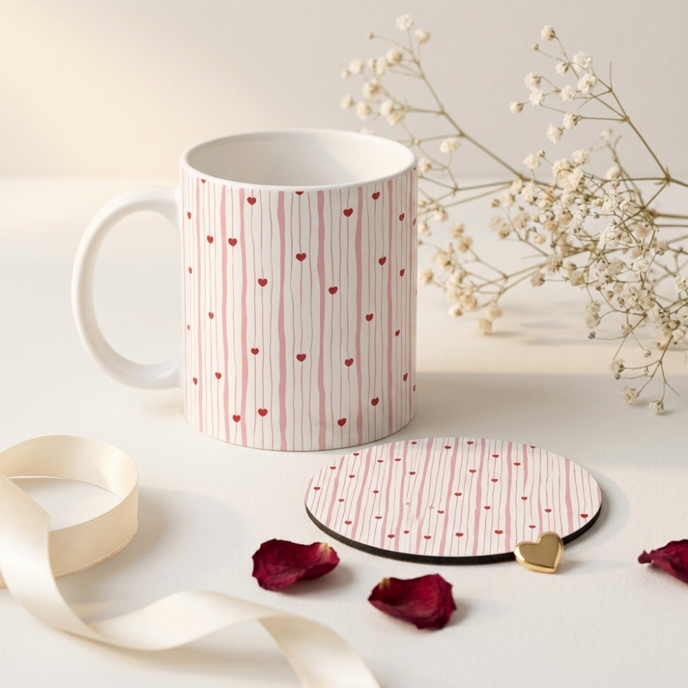 Bazinco Cute Perfect Love Heart Coffee Mug with Round MDF Coaster Gift Set