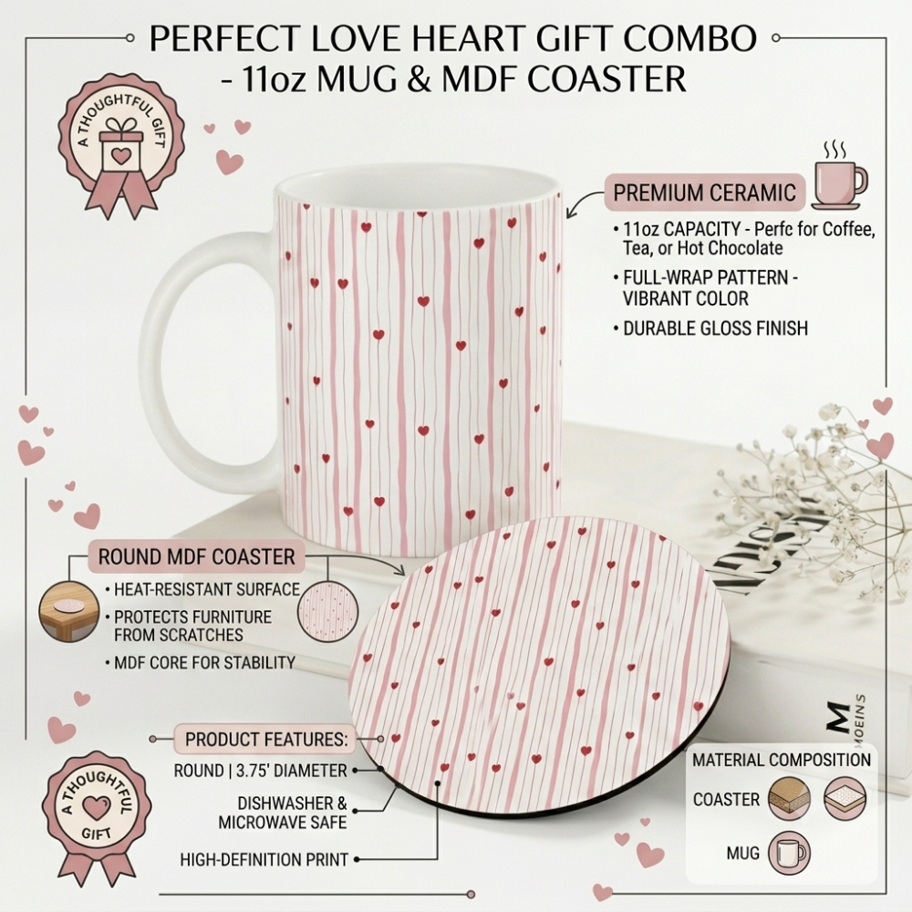 Bazinco Cute Perfect Love Heart Coffee Mug with Round MDF Coaster Gift Set
