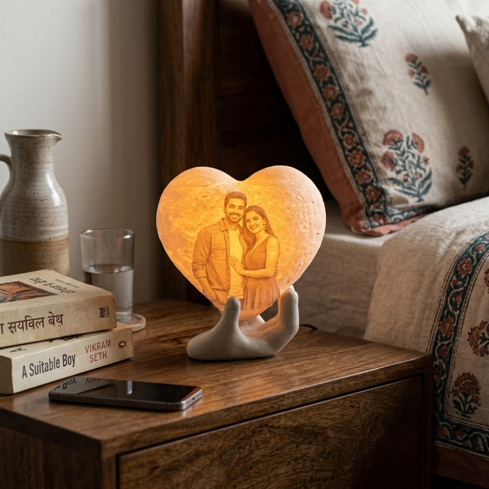 Bazinco Personalized Heart Moon Lamp – Custom Couple Photo Night Light Gift