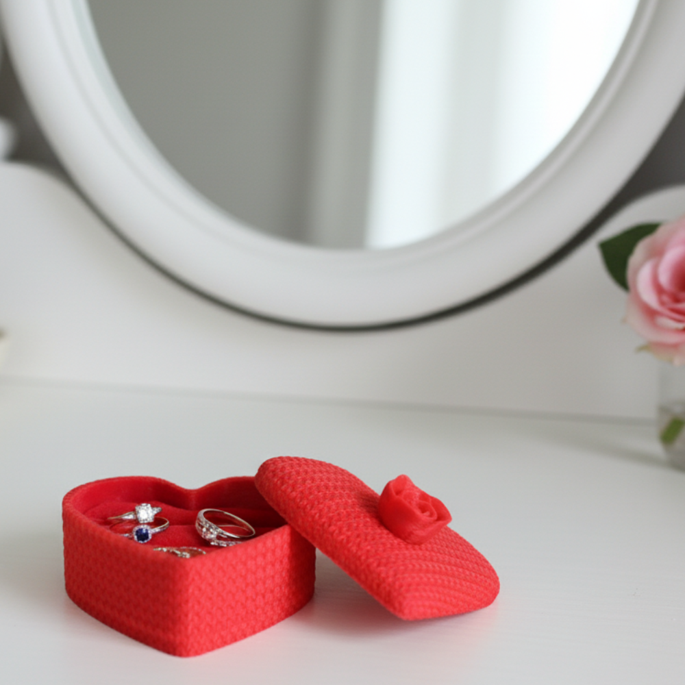 Bazinco Heart Shape Jewelry Storage Box – Premium Velvet Ring Holder with Rose Design