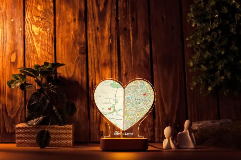 Personalized Heart-Shaped Couple Map LED Lamp