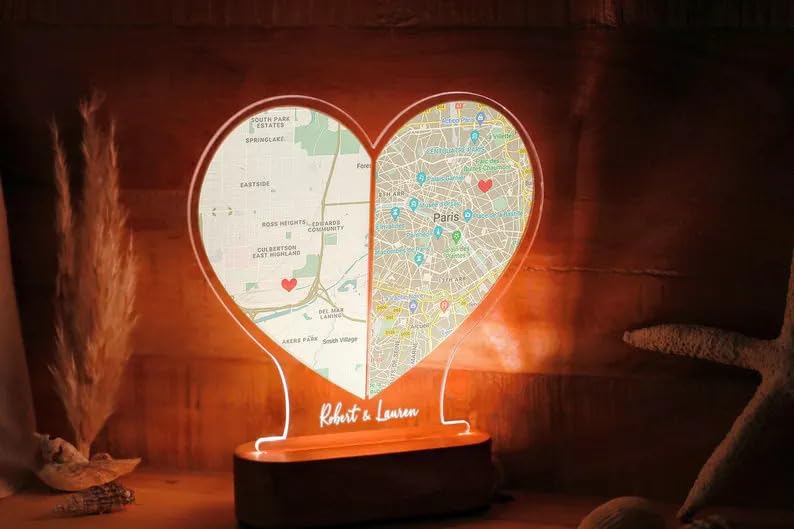 Personalized Heart-Shaped Couple Map LED Lamp