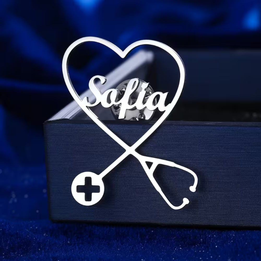 Custom Name Stethoscope Brooch Pin by Bazinco – Heart Shape Medical Jewelry Gift