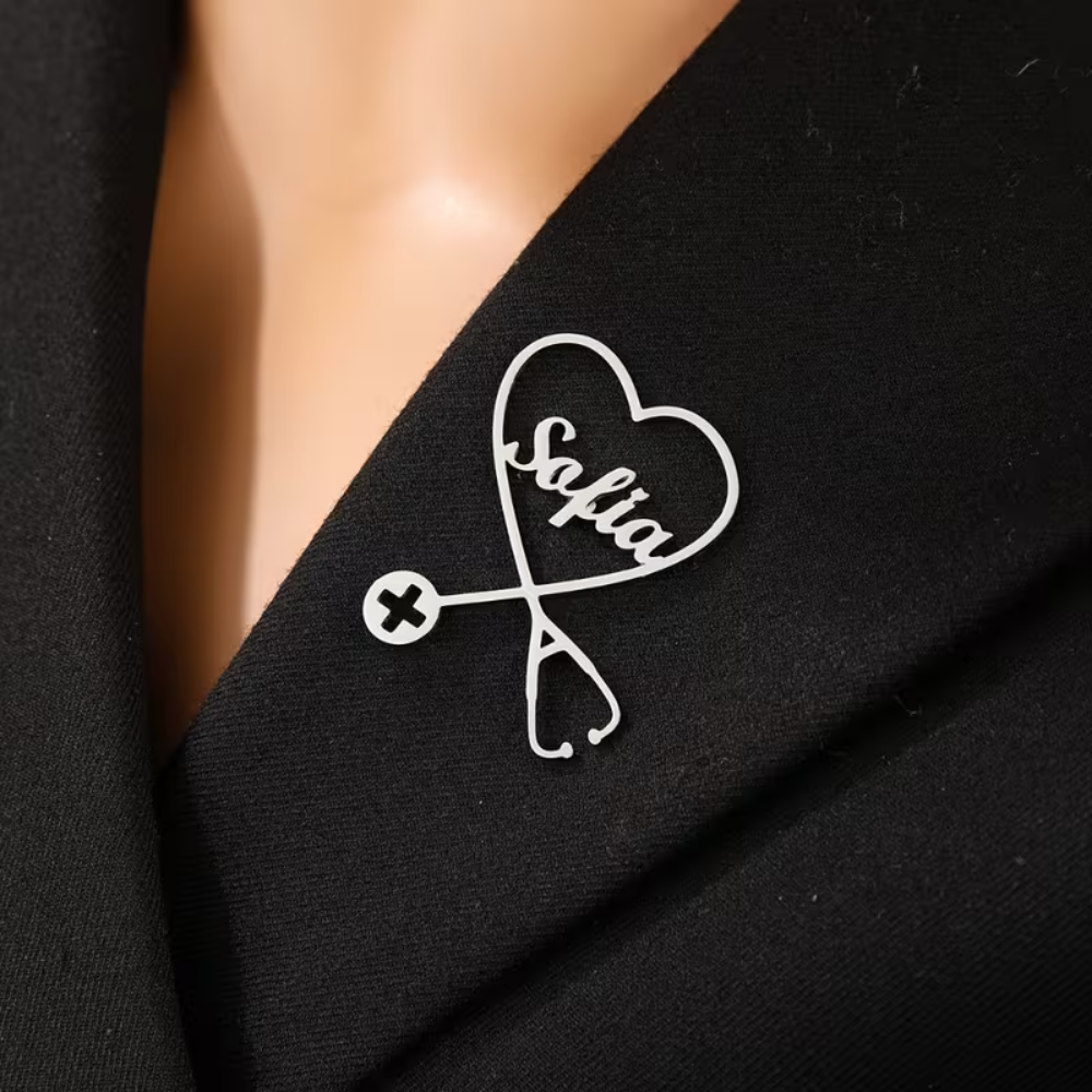 Custom Name Stethoscope Brooch Pin by Bazinco – Heart Shape Medical Jewelry Gift