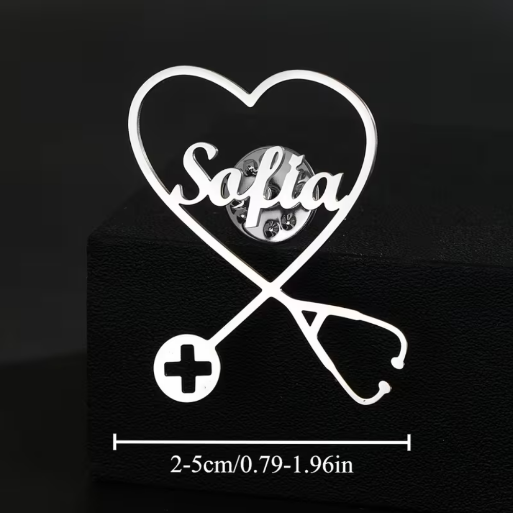 Custom Name Stethoscope Brooch Pin by Bazinco – Heart Shape Medical Jewelry Gift