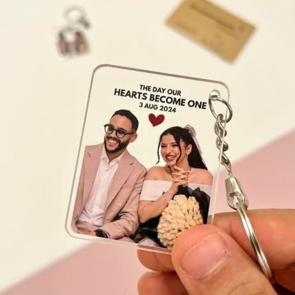 Bazinco Personalized Hearts Become One Acrylic Photo Keychain | Custom Couple Photo Keychain | Anniversary & Wedding Gift