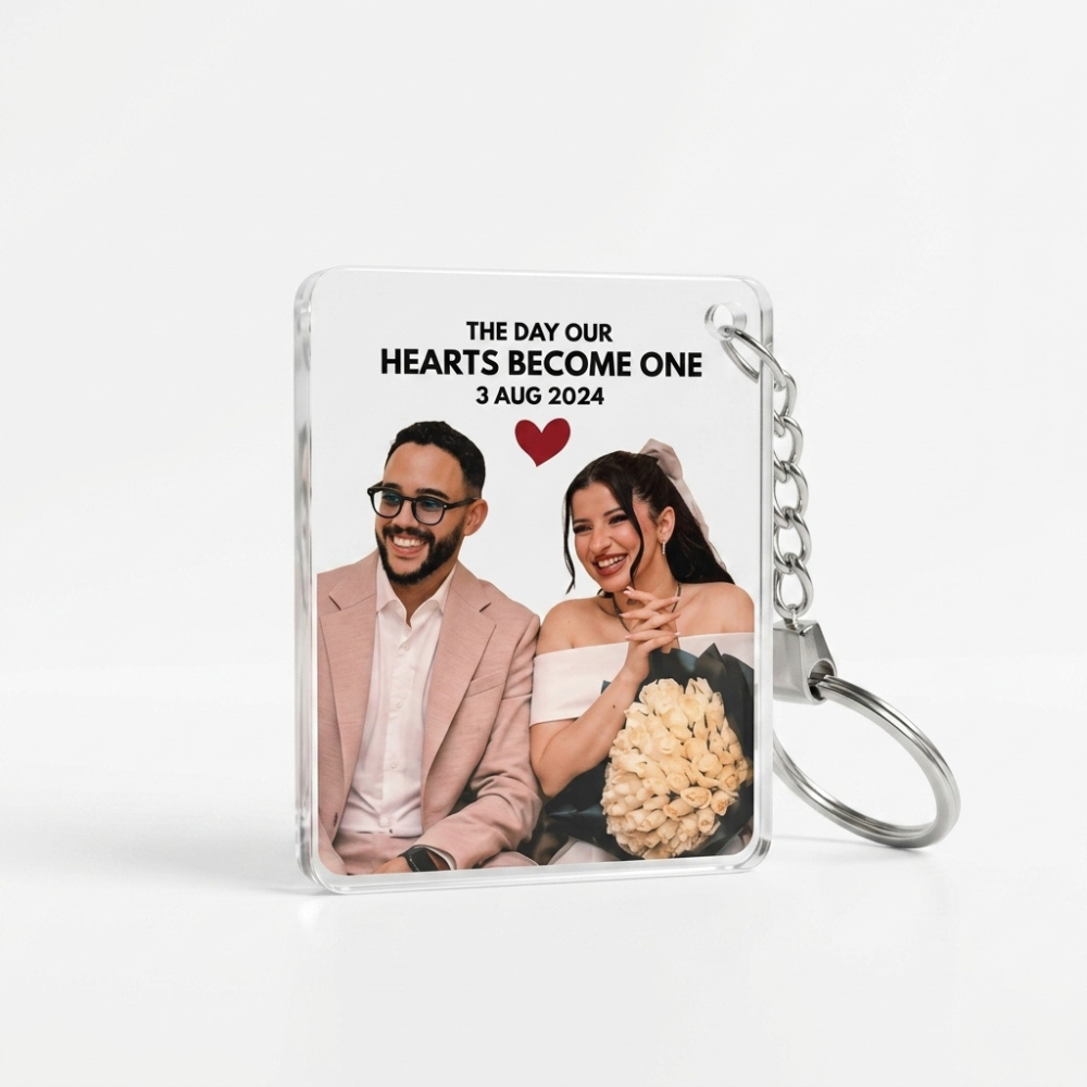 Bazinco Personalized Hearts Become One Acrylic Photo Keychain | Custom Couple Photo Keychain | Anniversary & Wedding Gift