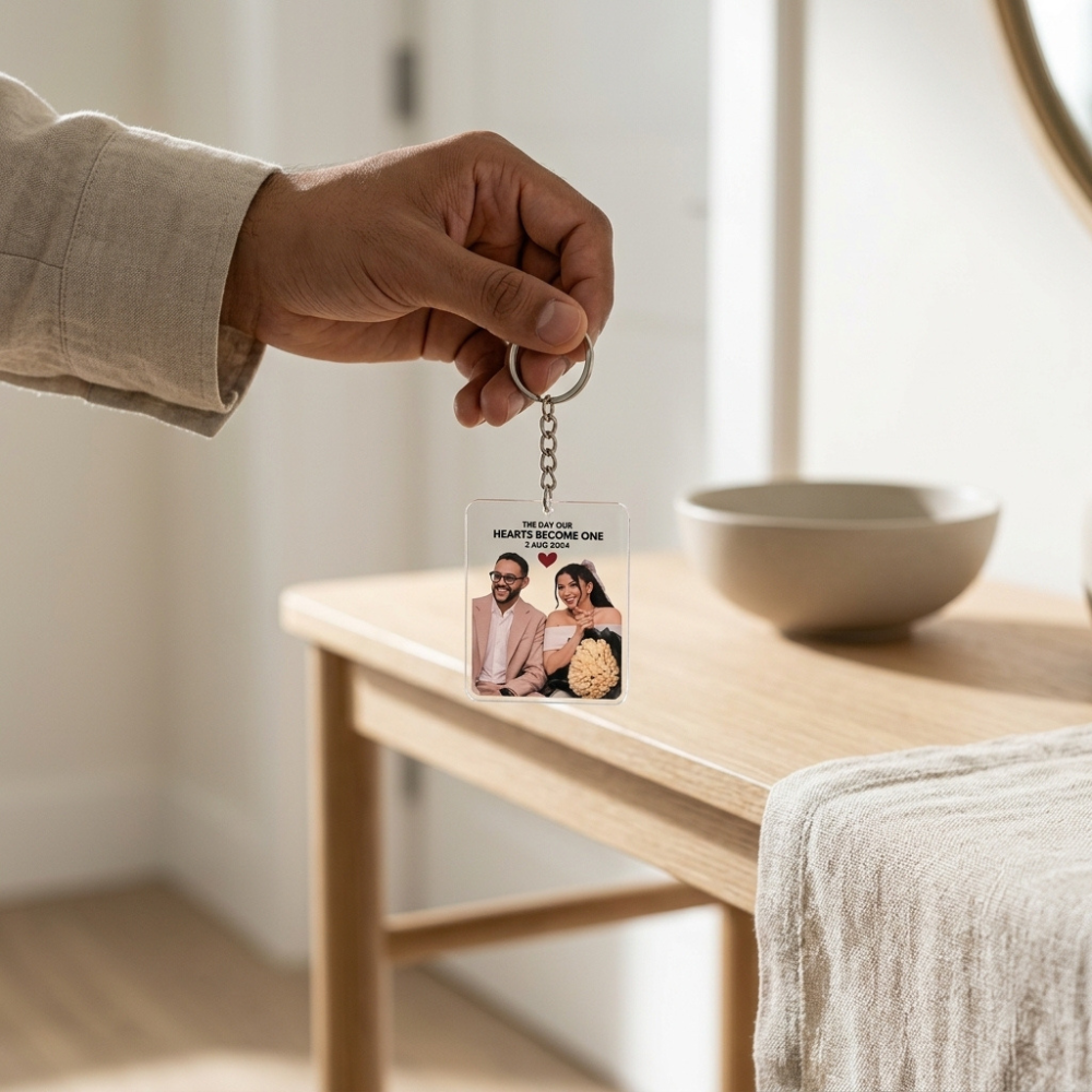 Bazinco Personalized Hearts Become One Acrylic Photo Keychain | Custom Couple Photo Keychain | Anniversary & Wedding Gift