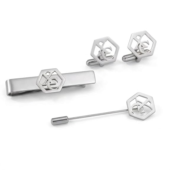 Bazinco Hexagon Royal Crest Cufflinks Combo Set with Tie Clip & Suit Pin