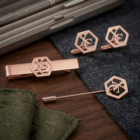 Bazinco Hexagon Royal Crest Cufflinks Combo Set with Tie Clip & Suit Pin