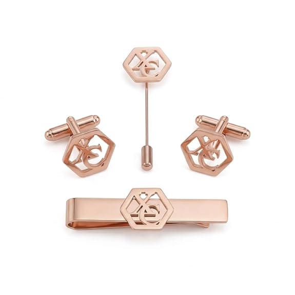 Bazinco Hexagon Royal Crest Cufflinks Combo Set with Tie Clip & Suit Pin