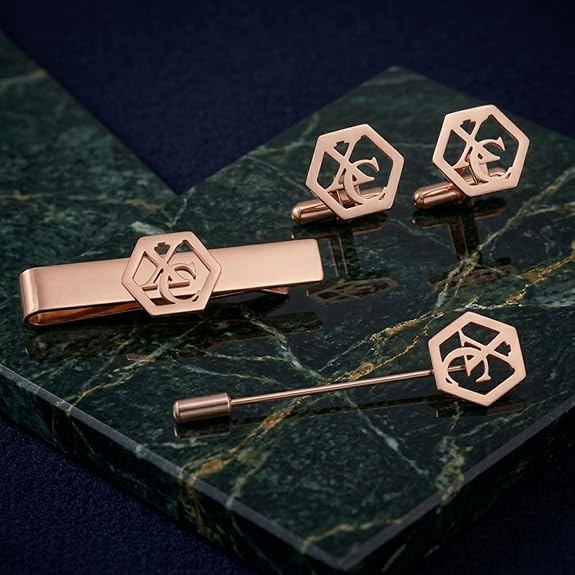 Bazinco Hexagon Royal Crest Cufflinks Combo Set with Tie Clip & Suit Pin