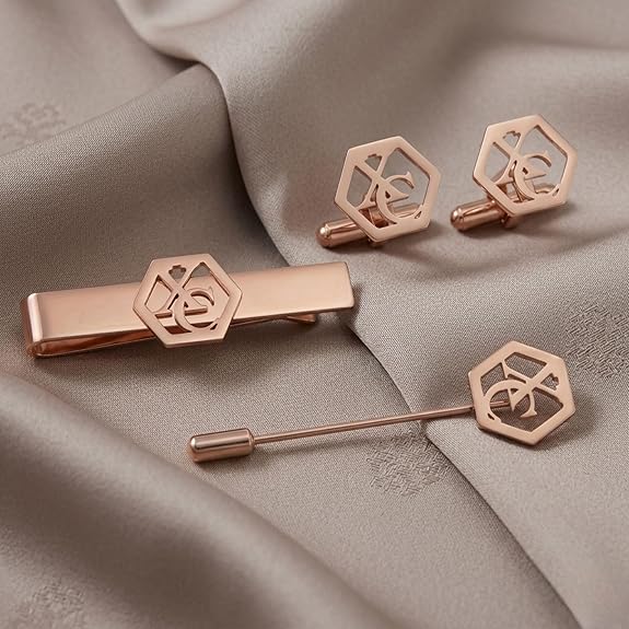 Bazinco Hexagon Royal Crest Cufflinks Combo Set with Tie Clip & Suit Pin
