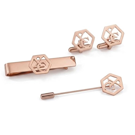 Bazinco Hexagon Royal Crest Cufflinks Combo Set with Tie Clip & Suit Pin