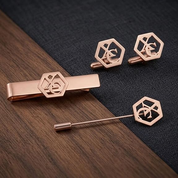 Bazinco Hexagon Royal Crest Cufflinks Combo Set with Tie Clip & Suit Pin