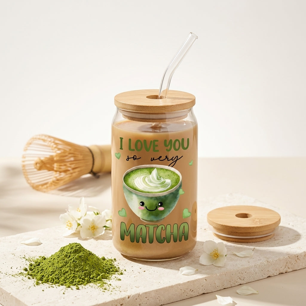 Bazinco I Love You So Very Matcha Glass Can Cup | Cute Matcha Lover Glass Tumbler with Bamboo Lid & Glass Straw | Aesthetic Matcha Gift for Women & Tea Lovers