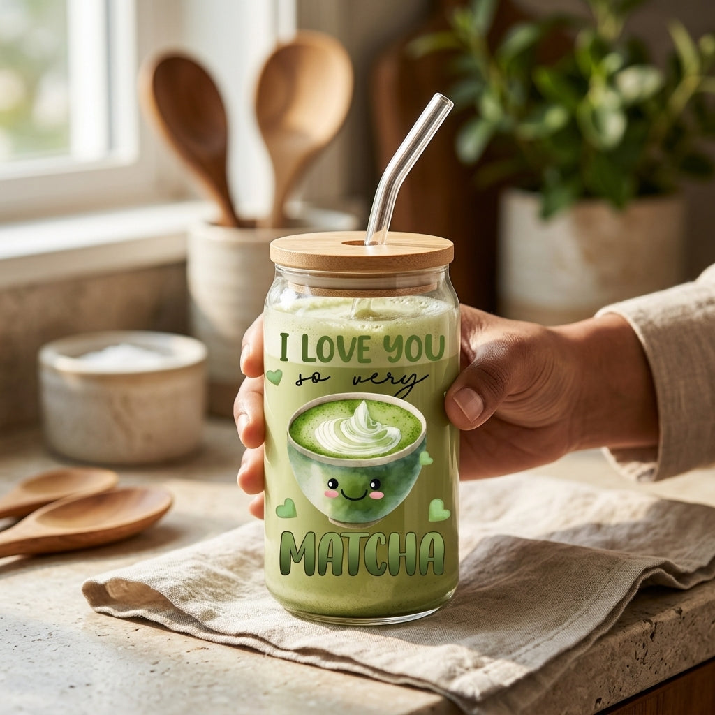 Bazinco I Love You So Very Matcha Glass Can Cup | Cute Matcha Lover Glass Tumbler with Bamboo Lid & Glass Straw | Aesthetic Matcha Gift for Women & Tea Lovers