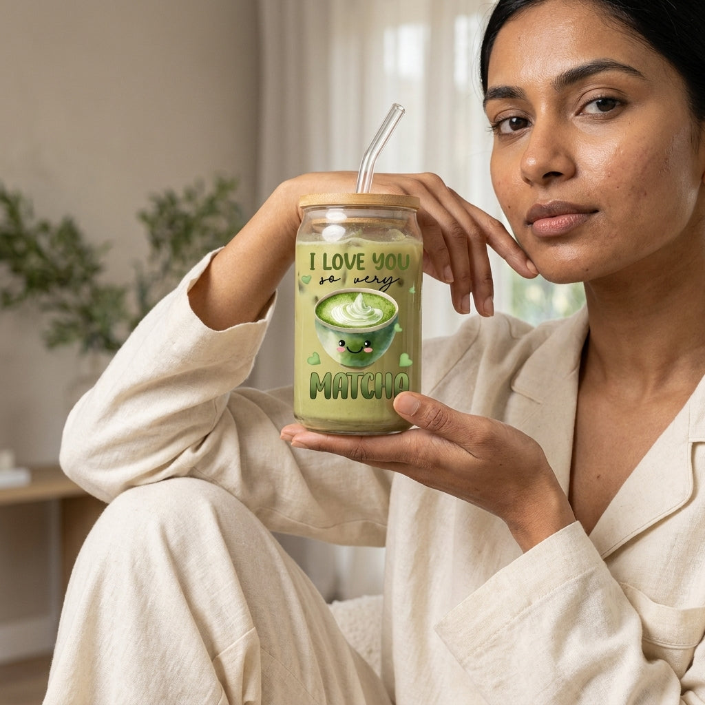 Bazinco I Love You So Very Matcha Glass Can Cup | Cute Matcha Lover Glass Tumbler with Bamboo Lid & Glass Straw | Aesthetic Matcha Gift for Women & Tea Lovers