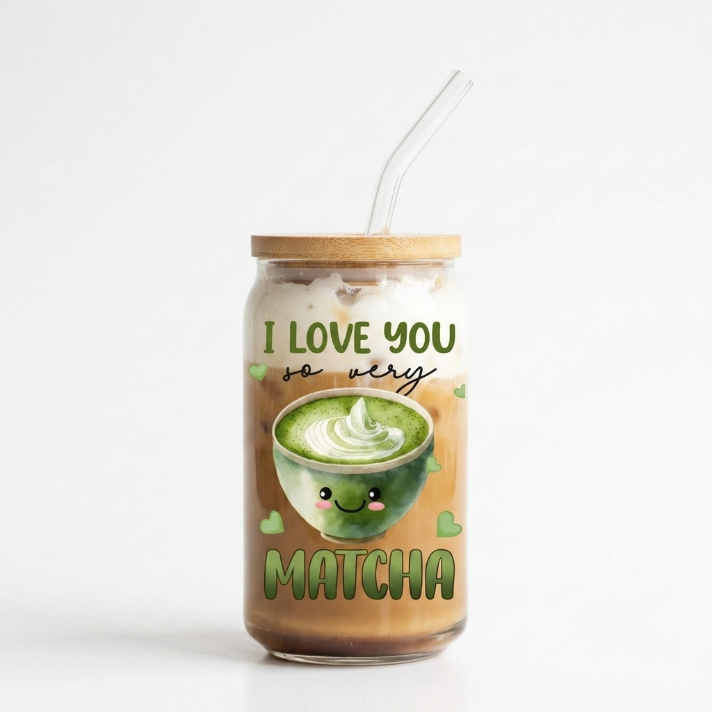Bazinco I Love You So Very Matcha Glass Can Cup | Cute Matcha Lover Glass Tumbler with Bamboo Lid & Glass Straw | Aesthetic Matcha Gift for Women & Tea Lovers