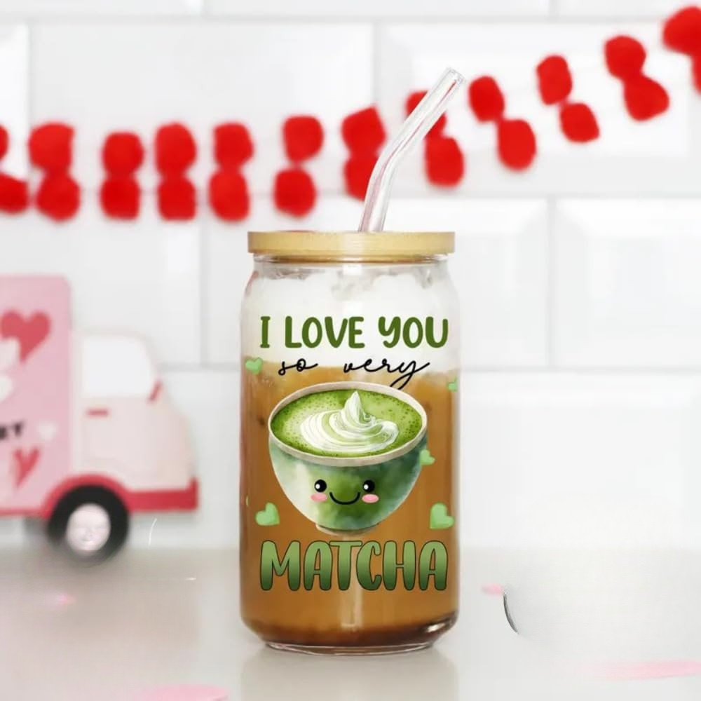 Bazinco I Love You So Very Matcha Glass Can Cup | Cute Matcha Lover Glass Tumbler with Bamboo Lid & Glass Straw | Aesthetic Matcha Gift for Women & Tea Lovers