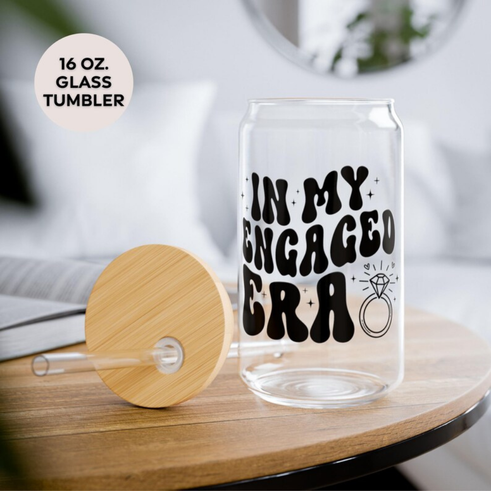 Bazinco In My Engaged Era Glass Can Cup | Funny Engagement Glass Tumbler with Bamboo Lid & Glass Straw | Bride-to-Be Gift & Engagement Gift for Her