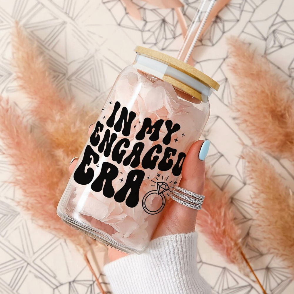 Bazinco In My Engaged Era Glass Can Cup | Funny Engagement Glass Tumbler with Bamboo Lid & Glass Straw | Bride-to-Be Gift & Engagement Gift for Her
