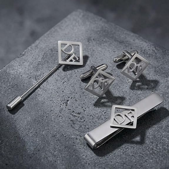 Bazinco Personalized Initial Cufflink & Tie Clip Set for Men – Premium Monogram Groom Accessories