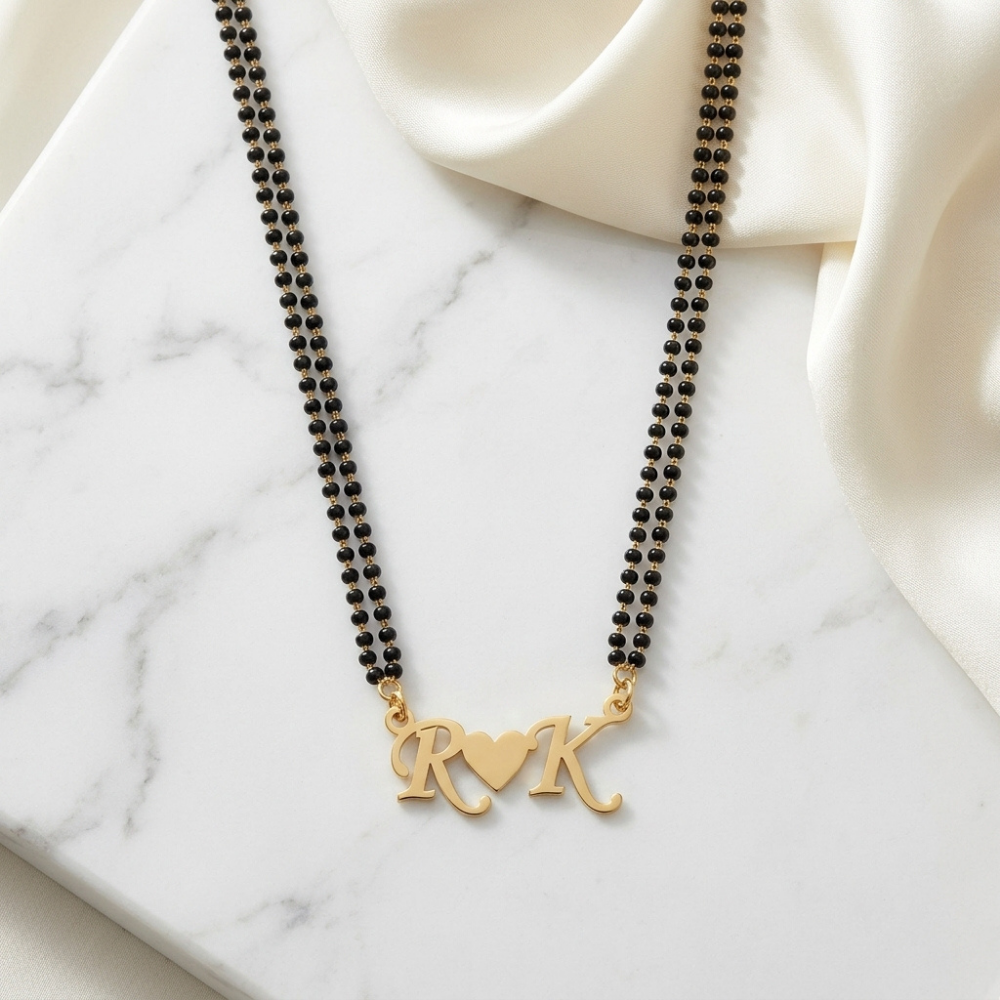 Bazinco Personalized Initial Heart Mangalsutra Necklace – Black Beaded Gold Name Pendant