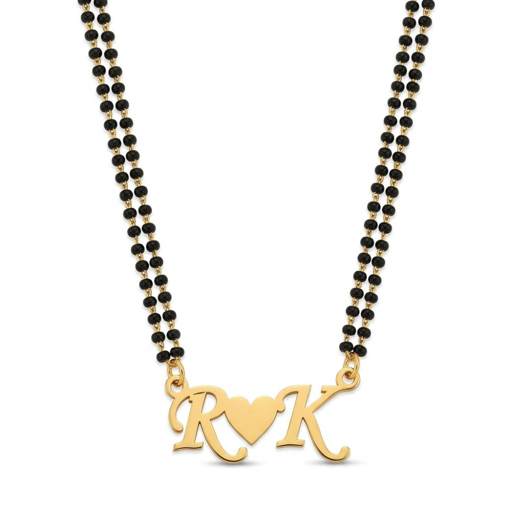 Bazinco Personalized Initial Heart Mangalsutra Necklace – Black Beaded Gold Name Pendant