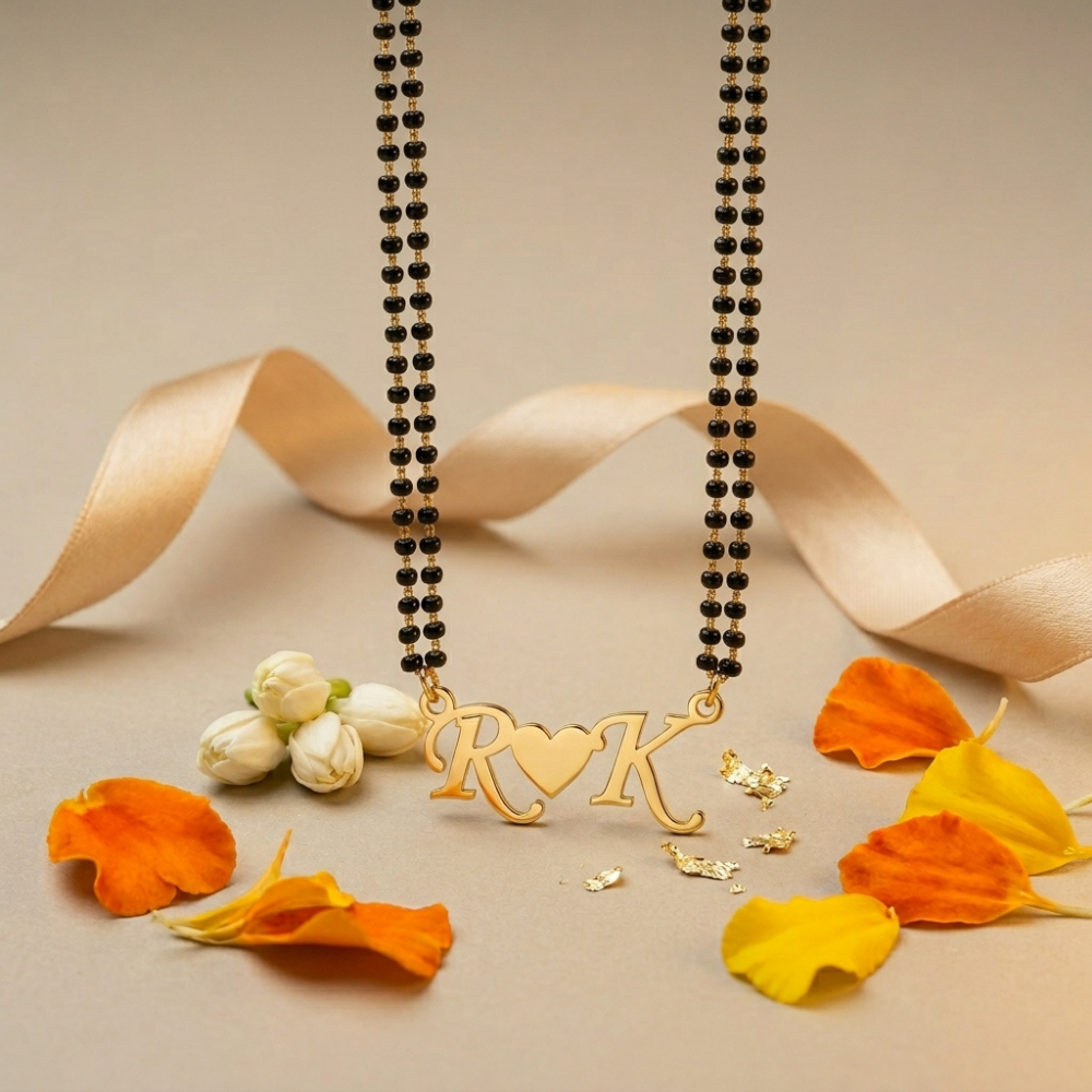 Bazinco Personalized Initial Heart Mangalsutra Necklace – Black Beaded Gold Name Pendant