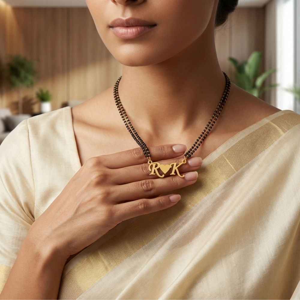 Bazinco Personalized Initial Heart Mangalsutra Necklace – Black Beaded Gold Name Pendant