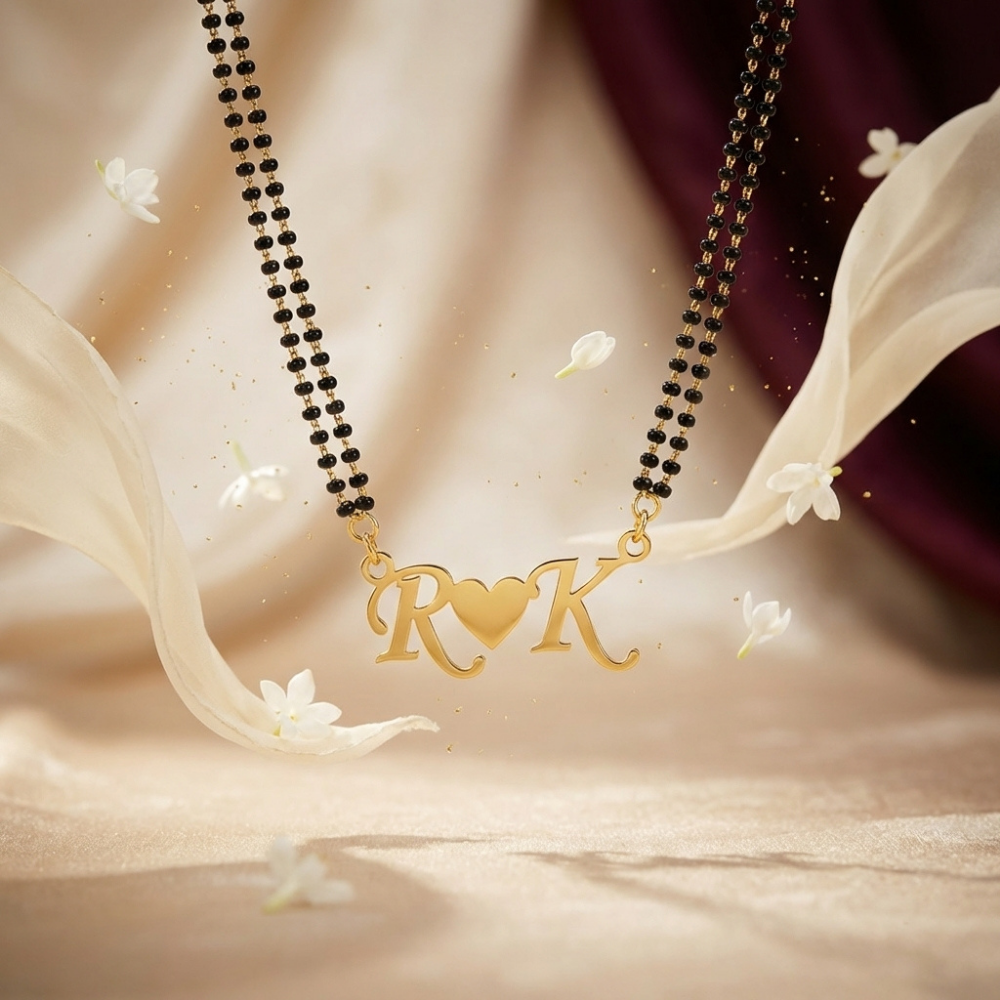 Bazinco Personalized Initial Heart Mangalsutra Necklace – Black Beaded Gold Name Pendant