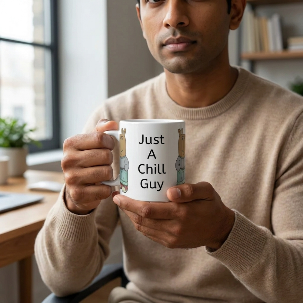 Bazinco Just A Chill Guy Cartoon Dog Ceramic Coffee Mug | Funny Quote Printed Mug | Premium Coffee & Tea Cup | Novelty Gift for Friends, Office & Home | 325 ml