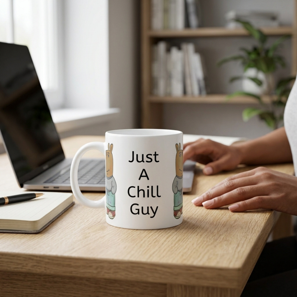 Bazinco Just A Chill Guy Cartoon Dog Ceramic Coffee Mug | Funny Quote Printed Mug | Premium Coffee & Tea Cup | Novelty Gift for Friends, Office & Home | 325 ml