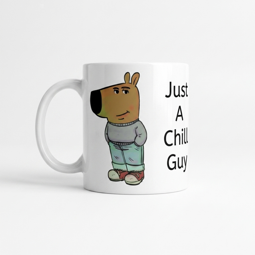 Bazinco Just A Chill Guy Cartoon Dog Ceramic Coffee Mug | Funny Quote Printed Mug | Premium Coffee & Tea Cup | Novelty Gift for Friends, Office & Home | 325 ml