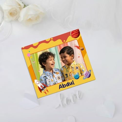 Bazinco Custom Kids Photo Fridge Magnet with Name | Personalized Space Theme Magnetic Photo Frame | Rocket & Planet Design | 1mm Thick Refrigerator Magnet | Photo Gift for Kids
