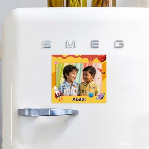 Bazinco Custom Kids Photo Fridge Magnet with Name | Personalized Space Theme Magnetic Photo Frame | Rocket & Planet Design | 1mm Thick Refrigerator Magnet | Photo Gift for Kids
